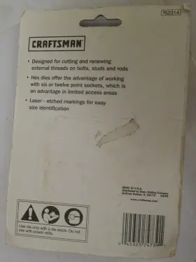 52314 CRAFTSMAN Standard Hex Die Set Threading Tool Nos #3